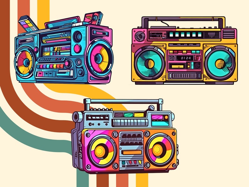 May include: Three vintage cassette players in different colors and styles. The top left player is blue and pink with a cassette tape inserted. The top right player is yellow and pink with a digital display showing "0124". The bottom player is orange and pink with a large speaker on each side.