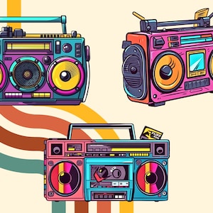 May include: Three vintage boomboxes in different colors and styles. The top boombox is blue and purple with yellow speakers. The middle boombox is pink with orange speakers. The bottom boombox is blue with red and yellow speakers.