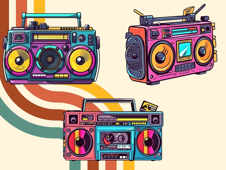 May include: Three vintage boomboxes in different colors and styles. The top boombox is blue and purple with yellow speakers. The middle boombox is pink with orange speakers. The bottom boombox is blue with red and yellow speakers.