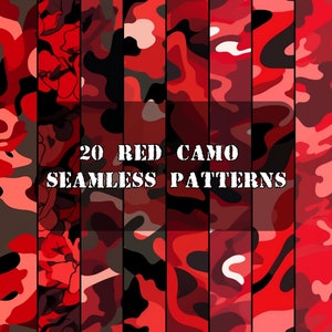 May include: 20 red camouflage seamless patterns. The patterns are in various shades of red, black, and white.