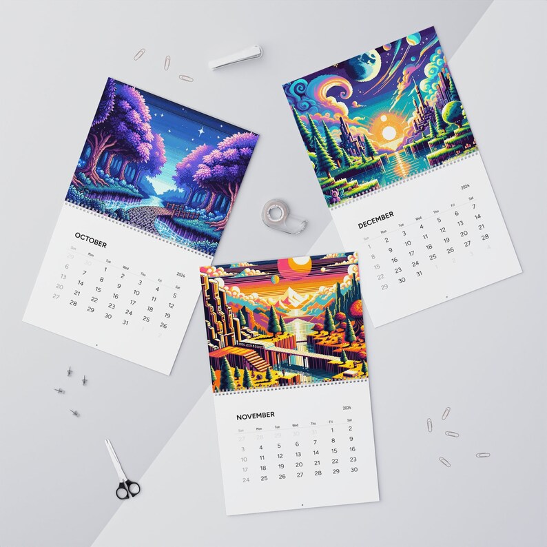 Pixelated Landscapes Wall Calendars 2024 Old School Gamer Gift Gift for