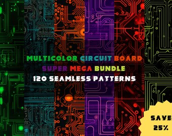 Multicolor Circuit Board Seamless Patterns: Super Mega Bundle (120)