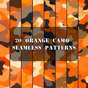 May include: 20 seamless orange camouflage patterns. The patterns feature various shades of orange, brown, and black.
