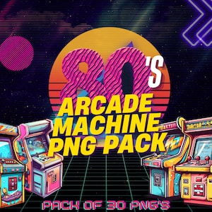 May include: A digital pack of 30 retro arcade machine PNG images in a vibrant 80s style. The images feature colorful pixelated graphics and a neon color scheme.