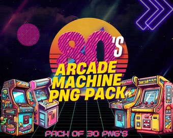 May include: A digital pack of 30 retro arcade machine PNG images in a vibrant 80s style. The images feature colorful pixelated graphics and a neon color scheme.