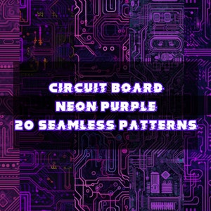 May include: 20 seamless patterns of neon purple circuit board designs. The patterns are abstract and geometric, with a futuristic and technological feel.
