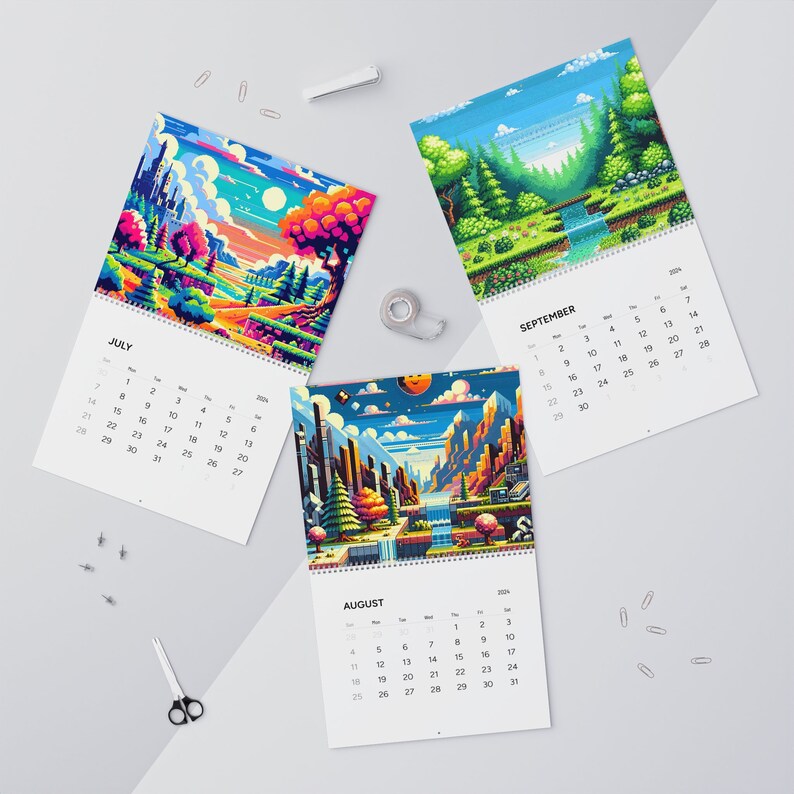 Pixelated Landscapes Wall Calendars 2024 Old School Gamer Gift Gift for