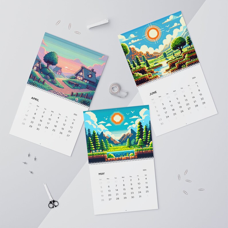 Pixelated Landscapes Wall Calendars 2024 Old School Gamer Gift Gift for