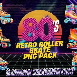 May include: A set of 14 retro roller skate graphics in PNG format. The skates are in various colors, including pink, blue, yellow, and orange. The graphics are perfect for use in digital projects, such as websites, social media, and presentations.