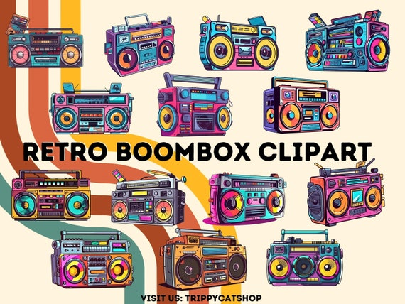 Retro Boombox Clipart: 80s Colorful Graphics (Digital Download)