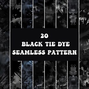 May include: A collection of 20 black and white tie dye seamless patterns. The patterns are abstract and feature various shapes and designs.