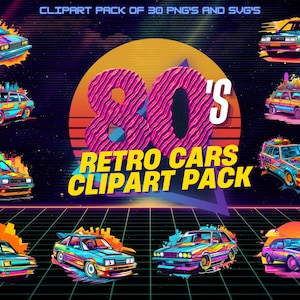May include: A set of 30 retro car clip art images in PNG and SVG format. The cars are in a variety of colors and styles, and they all have a 1980s aesthetic. The text "80's Retro Cars Clipart Pack" is displayed in a bold, colorful font.