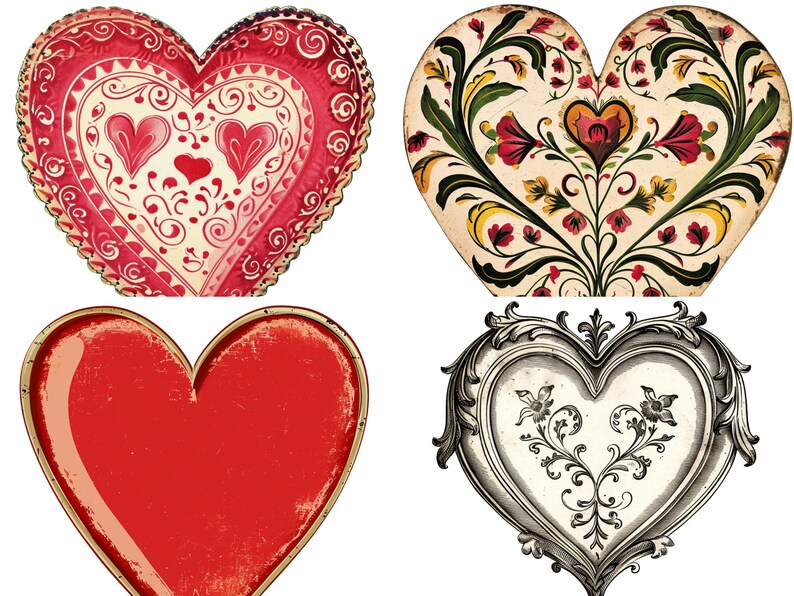 Vintage Retro Heart Clipart Pack 30 Unique Digital Hearts, Romantic ...