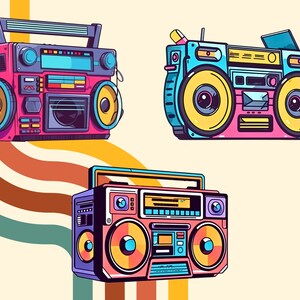 May include: Three vintage boomboxes in different colors and designs. The top boombox is pink with yellow speakers, the middle boombox is blue with yellow speakers, and the bottom boombox is pink with orange speakers.