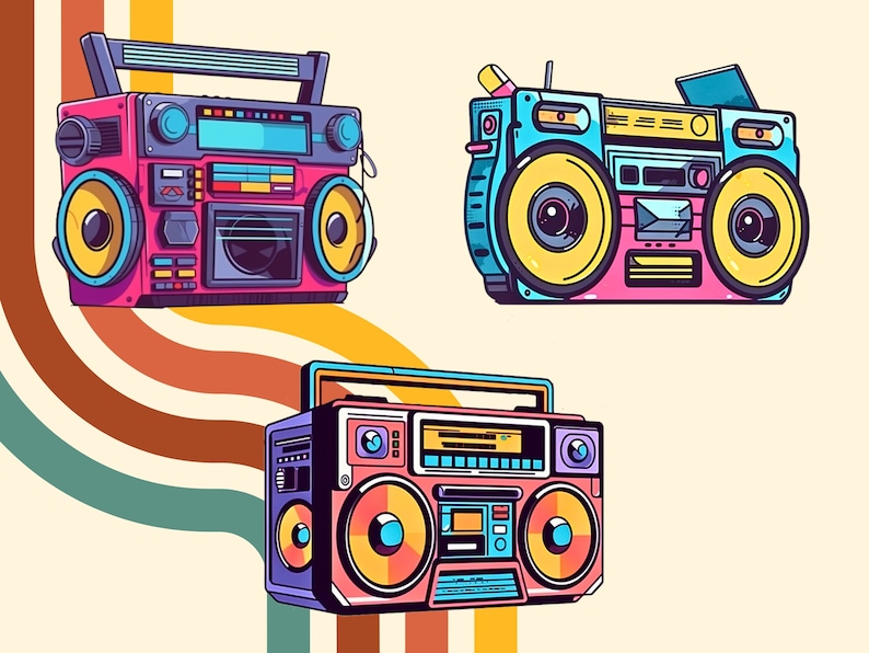 May include: Three vintage boomboxes in different colors and designs. The top boombox is pink with yellow speakers, the middle boombox is blue with yellow speakers, and the bottom boombox is pink with orange speakers.