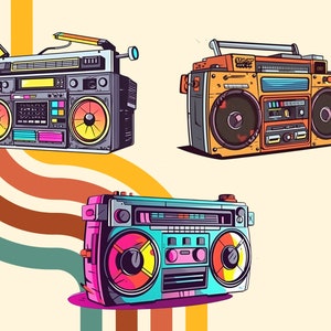 May include: Three vintage boomboxes in different colors and styles. The top boombox is gray with a yellow and orange design. The middle boombox is orange with a black and blue design. The bottom boombox is blue with a pink, yellow, and orange design.