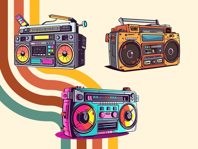 May include: Three vintage boomboxes in different colors and styles. The top boombox is gray with a yellow and orange design. The middle boombox is orange with a black and blue design. The bottom boombox is blue with a pink, yellow, and orange design.