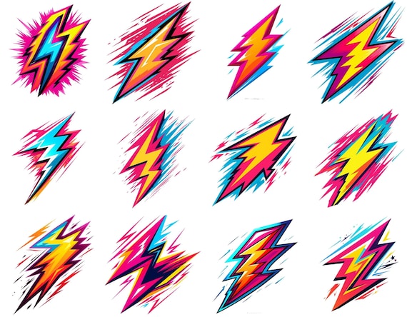 Retro Lightning Bolt Clipart: 80s Style Graphics (digital Download