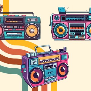 May include: Three vintage boomboxes in different colors. The first is teal with orange speakers, the second is pink with yellow speakers, and the third is purple with yellow speakers.