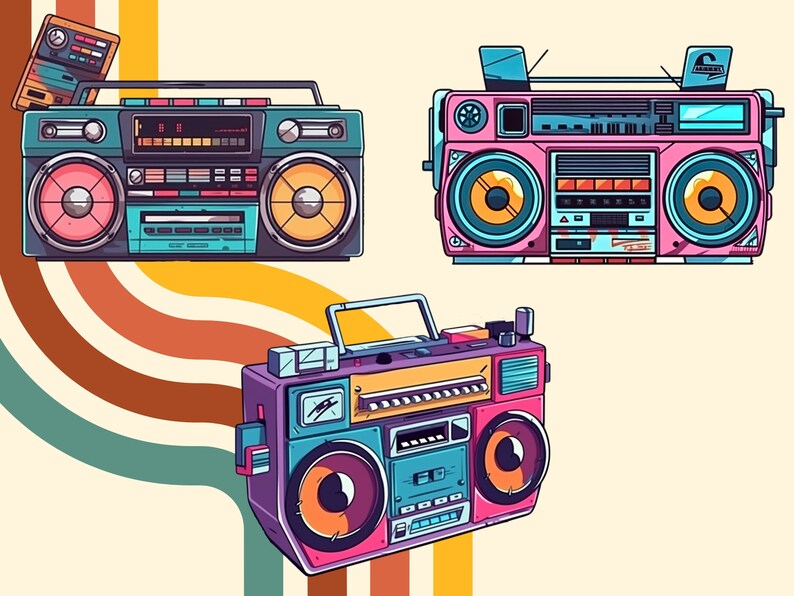 May include: Three vintage boomboxes in different colors. The first is teal with orange speakers, the second is pink with yellow speakers, and the third is purple with yellow speakers.