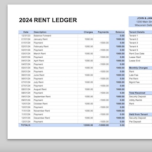 Op de afbeelding: Een huurbedragenschema voor 2024 met kolommen voor datum, beschrijving, kosten, betalingen en saldo. De spreadsheet bevat een sectie voor huurdergegevens, maandelijkse kosten en totaal ontvangen. De huurdergegevens omvatten de naam van de huurder, de vervaldatum van de huur, de start- en einddatum van de huurovereenkomst. De maandelijkse kosten omvatten huur, boete voor te late betaling, huisdierhuur en beheerskosten. Het totaal ontvangen omvat de borg, de terugbetaling van nutsvoorzieningen en de huur.