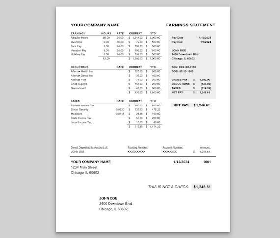 Pay Stub Template (Aftertax), Earnings Statement - Excel & Numbers