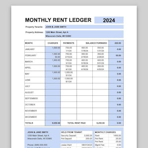 May include: A monthly rent ledger for 2024, with columns for month, charges, payments, and balance forward. The ledger is for John & Jane Smith, who live at 1200 Main Street, Apt A, Wisconsin Dells, WI 53965.