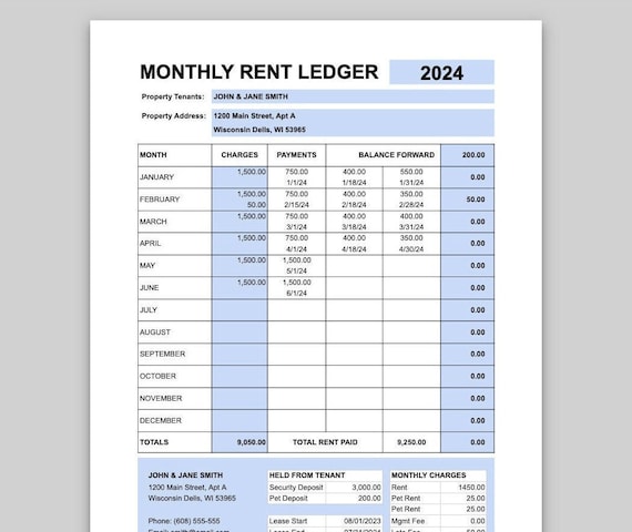 Monthly Rent Payment Ledger Template Landlord Rental Spreadsheet by Month