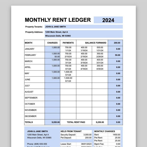 Monthly Rent Payment Ledger Template Landlord Rental Spreadsheet by Month