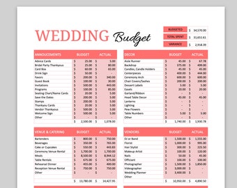 May include: A wedding budget spreadsheet with categories for announcements, decor, venue and catering, and vendors. The spreadsheet includes columns for budget and actual spending. The total budgeted amount is $34,570.00 and the total spent is $31,651.61.