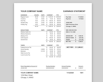 Pay Stub Template (Aftertax), Earnings Statement - Excel & Numbers