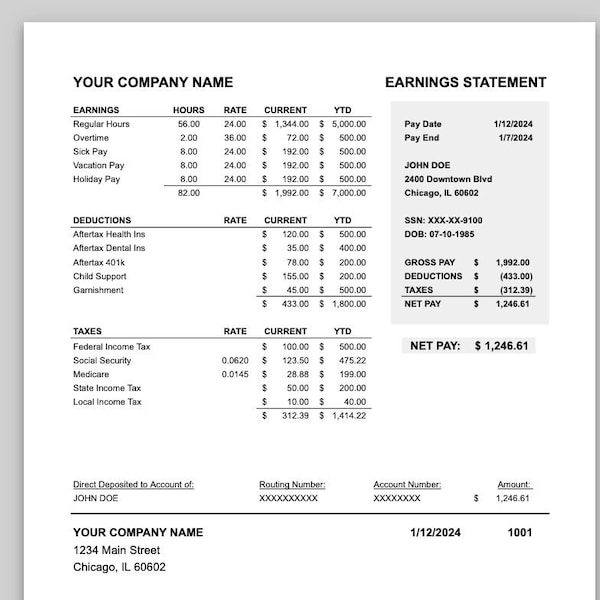 Pay Stub Template (Aftertax), Earnings Statement - Excel & Numbers