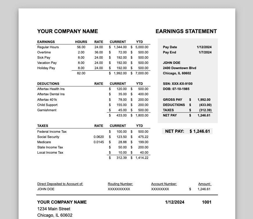 One Pay Statement Picture Example Pay Stub Template (aftertax), Earnings Statement - Excel & Numbers - Etsy