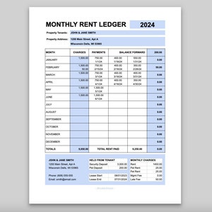 Pu&ograve; includere: Un registro di affitto mensile per il 2024 con uno schema di colori blu e bianco. Il registro include colonne per il mese, le spese, i pagamenti e il saldo a portare. Il registro include anche una sezione per il saldo trattenuto dal locatario e le spese mensili.