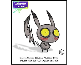 デジタルファイル刺繍デザイン、ポケモンピカチュウ、ティムバートンスタイル、PES用刺繍デザイン、DSTマシン刺繍ファイル、即時ダウンロード