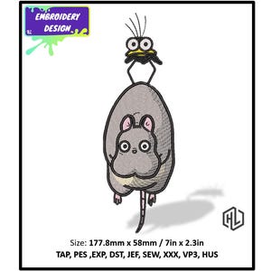 Può includere: Disegno ricamato di un topo grigio con un uccello appollaiato sulla testa. Il disegno misura 17,8 cm di larghezza e 5,8 cm di altezza. Il disegno è disponibile in diversi formati, tra cui TAP, PES, EXP, DST, JEF, SEW, XXX, VP3 e HUS.
