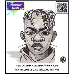 Puede incluir: Un diseño bordado que presenta un retrato estilizado de una persona con cabello trenzado y una expresión seria. El diseño incluye el texto "EMBROIDERY DESIGN" y medidas de 174,9 mm x 127,6 mm.