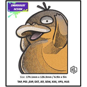 May include: Embroidered design of a brown and yellow cartoon character with a large beak and a surprised expression. The design is 6.9 inches by 5 inches.