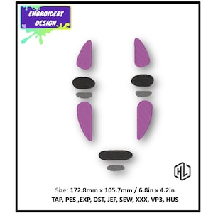 May include: Purple and gray embroidery design of a No Face character from the animated film Spirited Away. The design is 6.8 inches by 4.2 inches and includes the text "EMBROIDERY DESIGN".
