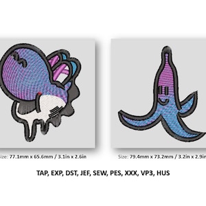 May include: Two embroidered patches, one of a melting ice cream cone and the other of a smiling banana, both with a gradient of pink and blue.