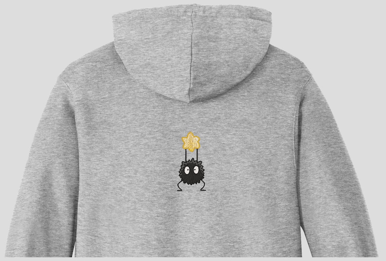 May include: Gray hooded sweatshirt with a black and yellow embroidered cartoon character on the back.