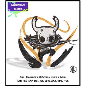 Può includere: Disegno ricamato di un personaggio di cavaliere bianco e nero con un alone dorato, su uno sfondo bianco e nero. Il disegno misura 86,9 mm per 98,5 mm.