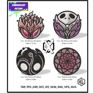 May include: Four embroidery designs featuring different patterns and colours. The designs are approximately 9.1 to 9.7 cm in size. The designs include a skull with wings, a flame, a mandala, and a black and white design.