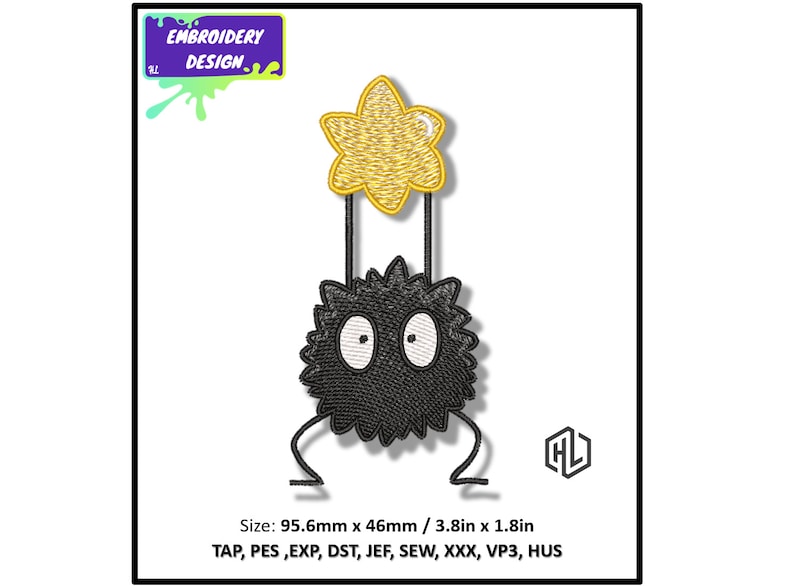 May include: Black and white embroidery design of a fluffy, round creature with large eyes and a yellow star on top. The design is 3.8 inches by 1.8 inches.