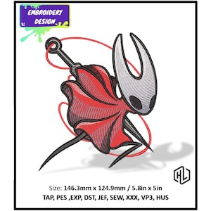 以下が含まれることがあります： 針と糸を持った赤と白のキャラクターの刺繍デザイン。デザインは5.8インチ×5インチで、「EMBROIDERY DESIGN」というテキストが含まれています。