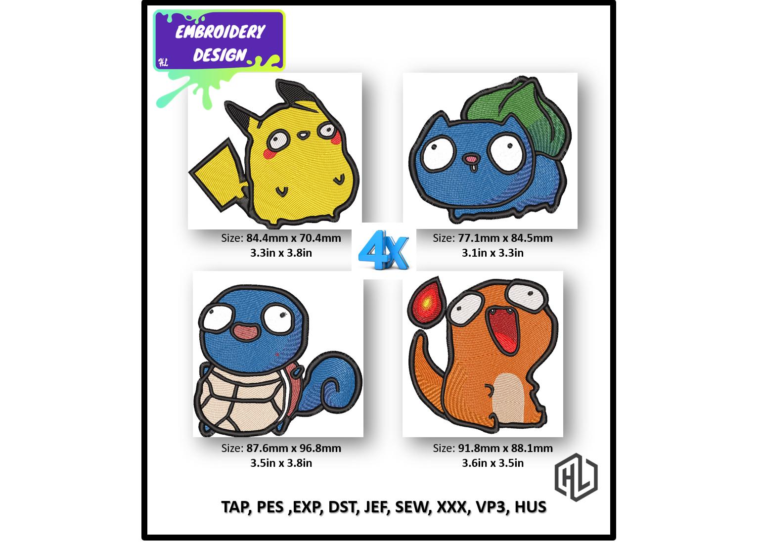 デジタルファイル刺繍デザイン、面白いポケモン（4x1）、PES、DST、XXXマシン刺繍ファイル用の刺繍デザイン、即時ダウンロード