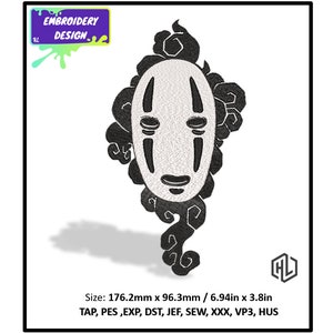 May include: Black and white embroidery design of a No Face character from the movie Spirited Away. The design is surrounded by clouds. The design is 6.94 inches by 3.8 inches.