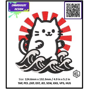 May include: White cat embroidery design with a red sunburst background and black waves. The design includes the text "EMBROIDERY DESIGN" and measures 4.9 inches by 5.2 inches.