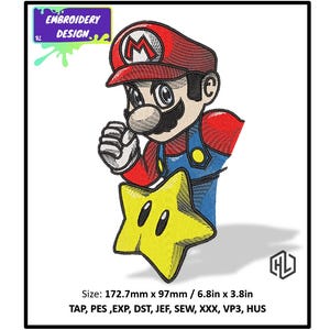 May include: Embroidered design of a red and blue Super Mario character holding a yellow star. The design is 6.8 inches by 3.8 inches and includes the text "EMBROIDERY DESIGN".