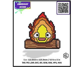 Calcifer Pixel Art Embroidery Design, Howl's Moving Castle, Anime (Digital Download)